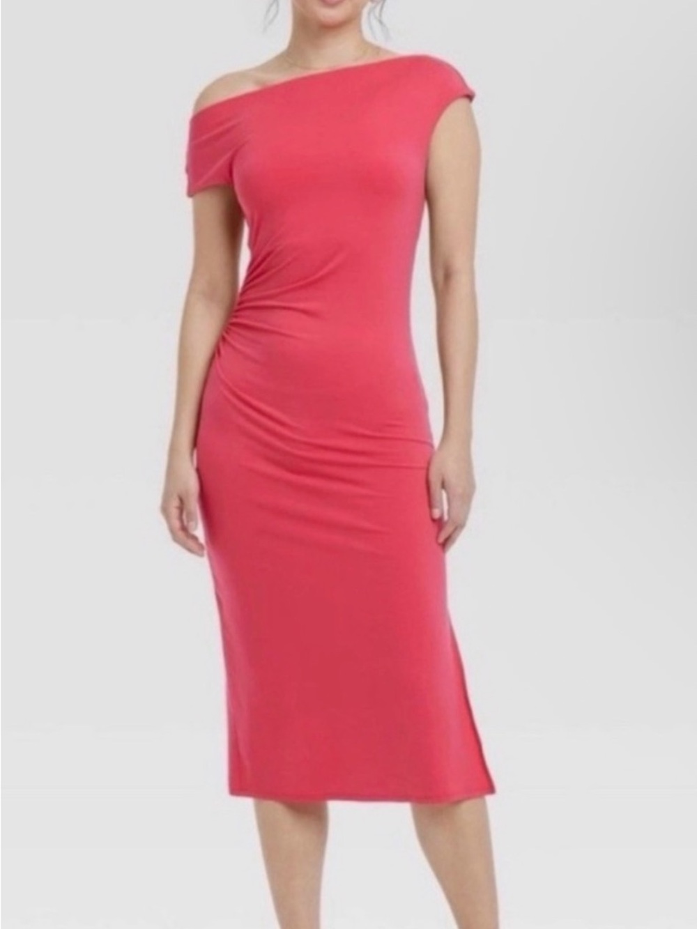 Off-Shoulder Pink A New Day Asymmetrical Midi Dress